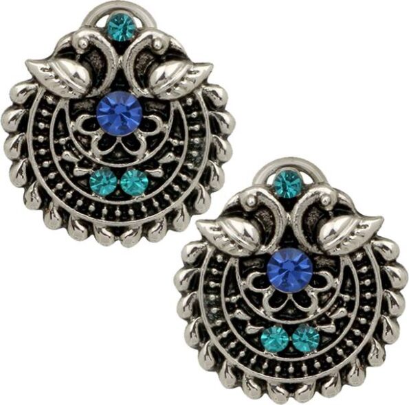Silver Oxidized Traditional Green and Blue Crystal Stud...