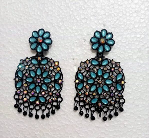 Mint Green Ethnic Drop Earrings - Engraved Jaipur Stone...