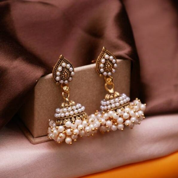 Designer Crystal Flower Pearl Silver Drop Stylish Earri...