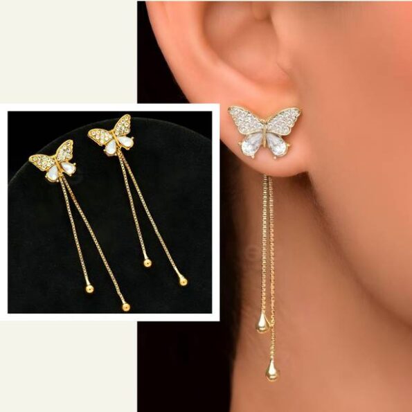 Green Butterfly Triple Dangler Korean Earrings Zircon A...