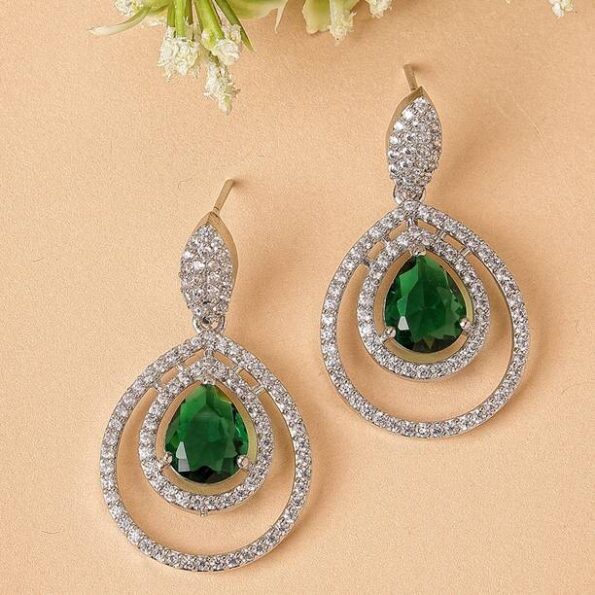 Rhodium Plated American Diamond Green Crystal Dual Tear...