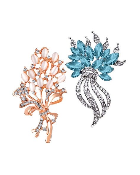 Women Set of 2 Gold & Rhodium-Plated Crystal-Studded Floral Brooch