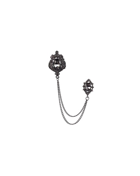 Black Gun Metal Glittery Crystal Double Chain Brooch Pin