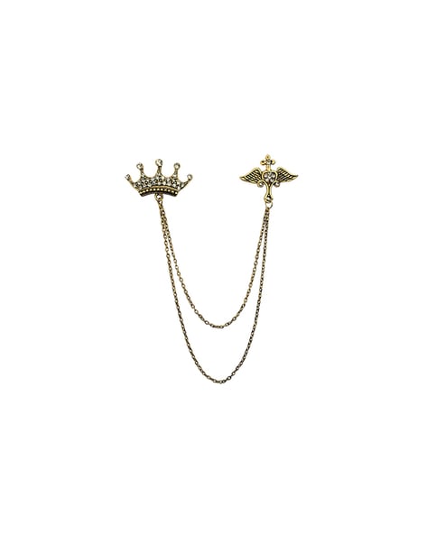 Gold Plated Double Chain Crown Wing Brooch with Crystal