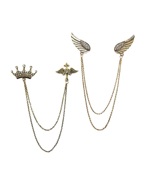 Set of 2 Gold Plated Crown & Wings Chain Brooch