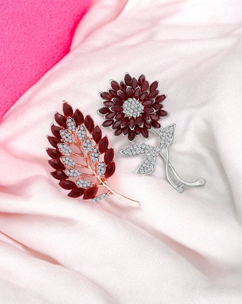 Women  Combo of Leaf and Sunflower Shape Crystal Studed Wedding Brooch