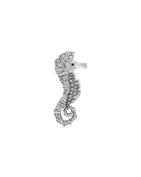 Rhodium Plated Gleaming Crystal Sea Horse Brooch Pin