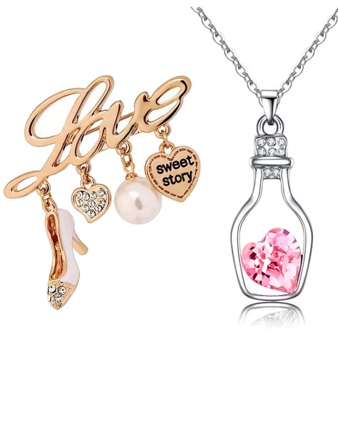 Women Gold-Plated Semi-Precious Stone-Studded Brooch & Pendant Necklace Set