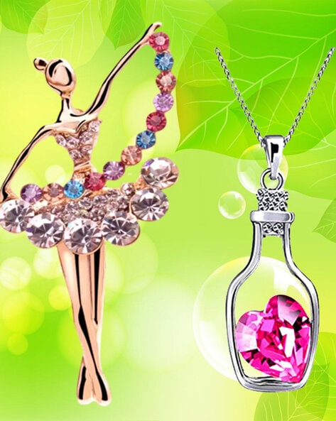 Women Gold-Plated Semi-Precious Stone-Studded Brooch & Pendant Necklace Set