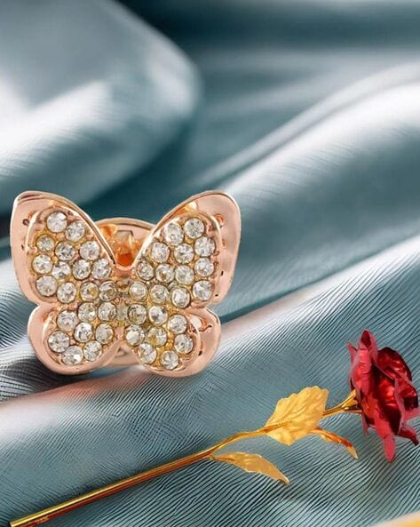 Women Rose Gold-Plated Stone-Studded Butterfly Brooch with Artificial Flower